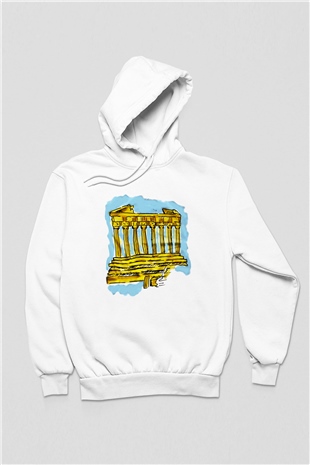 Akropolis Temalı Baskılı Beyaz Kapüşonlu Sweatshirt