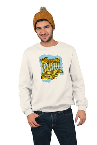 Akropolis Temalı Baskılı Beyaz Sweatshirt