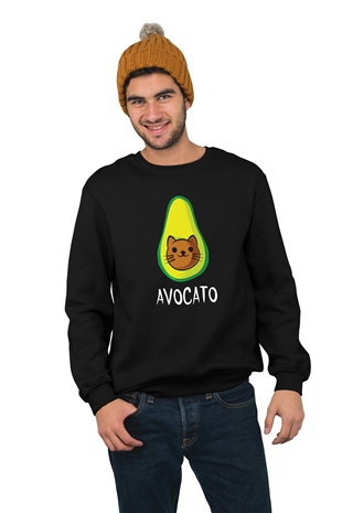 Avokado Kedi Temalı Baskılı Siyah Sweatshirt