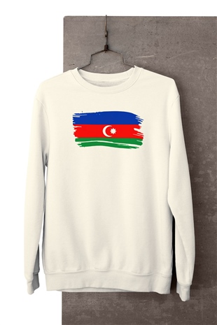 Azerbaycan Temalı Baskılı Beyaz Sweatshirt