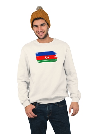 Azerbaycan Temalı Baskılı Beyaz Sweatshirt