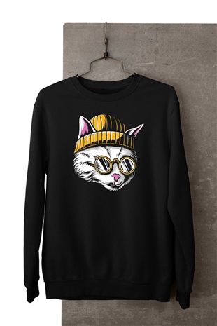 Bakımlı Güzel Kedi Temalı Baskılı Siyah Sweatshirt