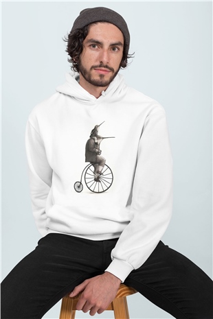 Bisiklet ve Kuşlar Temalı Baskılı Kapüşonlu Sweatshirt