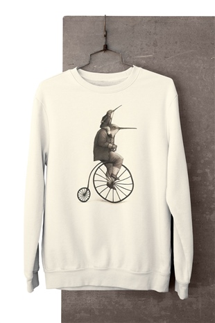 Bisiklet ve Kuşlar Temalı Baskılı Sweatshirt