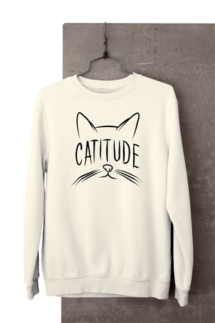 Catitude Temalı Baskılı Beyaz Sweatshirt