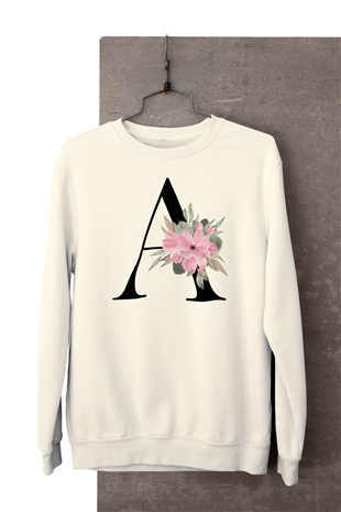 Çiçek Desenli A Harfi Baskılı Beyaz Sweatshirt