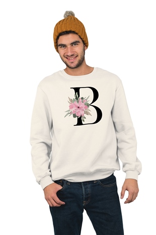 Çiçek Desenli B Harfi Baskılı Beyaz Sweatshirt