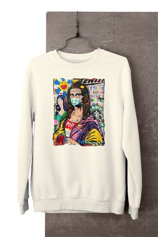 Covid ve Mona Lisa Temalı Baskılı Sweatshirt