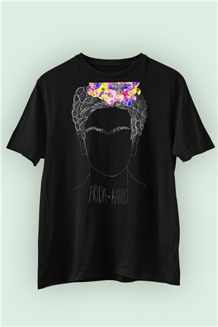Frida Kahlo Baskılı Unisex Siyah Tişört 