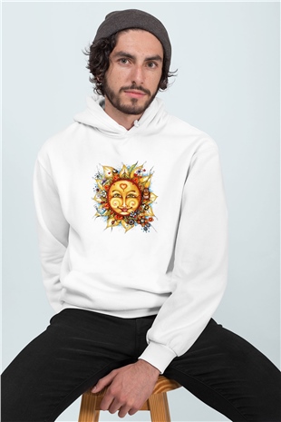 Güneş Temalı Baskılı Beyaz Kapüşonlu Sweatshirt