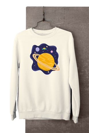 Satürn Temalı Baskılı Beyaz Sweatshirt