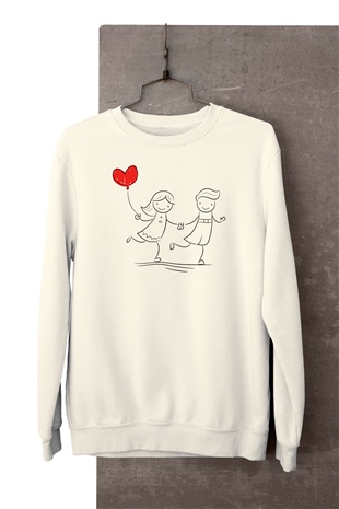 Sevgililer Günü Aşık Stickman ve Kalp Balon Temalı Baskılı Sweatshirt