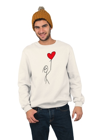 Sevgililer Günü Aşık Stickman ve Kalp Temalı Baskılı Sweatshirt