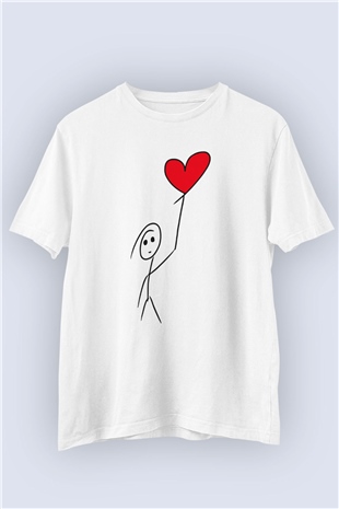 Sevgililer Günü Aşık Stickman ve Kalp Temalı Baskılı Tshirt