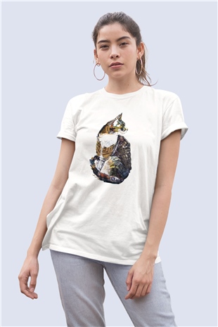 Kolaj Art Kedi Temalı Baskılı Tişört