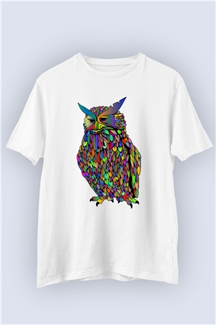 Unisex Renkli Baykuş Baskılı Tişört