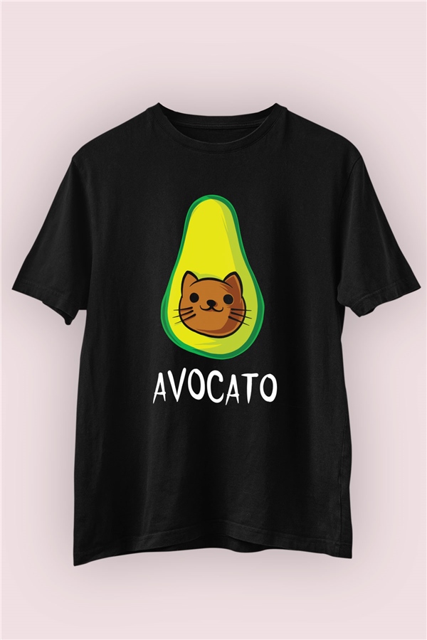 Avokado Kedi Temalı Baskılı Siyah Tshirt