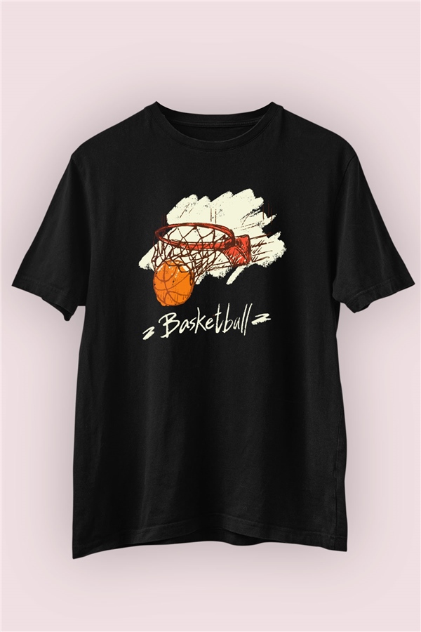 Basketbol Topu ve Pota Temalı Baskılı Siyah Tişört 