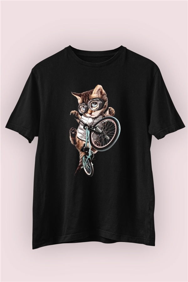 Bisikletçi Kedi Baskılı Tişört 