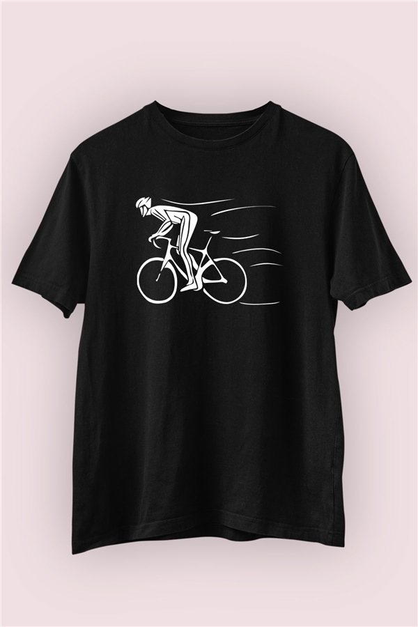 Bisikletçi Temalı Baskılı Siyah Tişört 