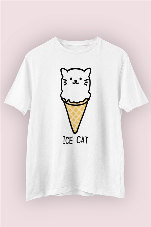 Dondurma Kedi Temalı Baskılı Beyaz Tişört