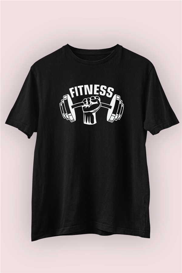 Fitness Temalı Baskılı Siyah Tişört 
