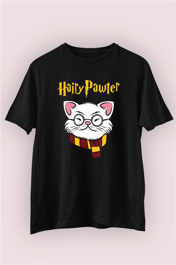 Hairy Pawter Kedi Temalı Baskılı Siyah Tshirt