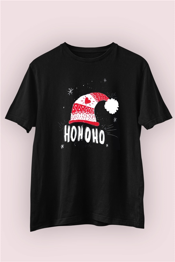 Ho Ho Ho Noel Baba Şapkası Temalı Baskılı Tişört 