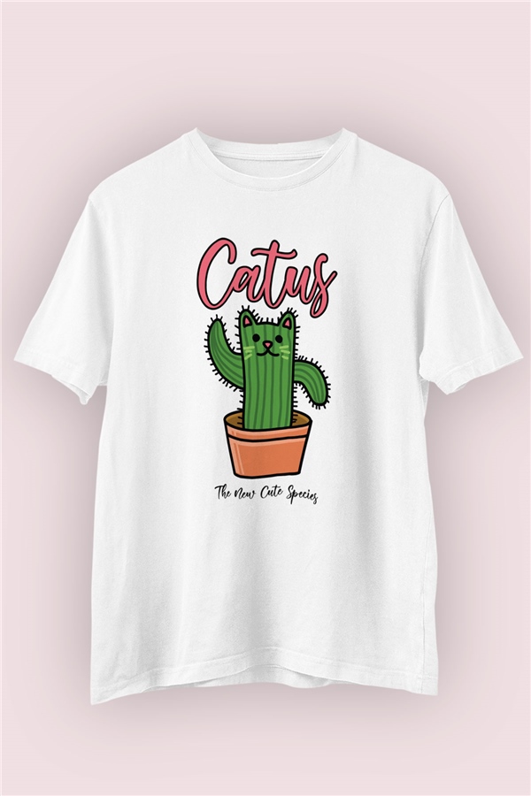 Kaktüs Kedi Baskılı Beyaz Tshirt