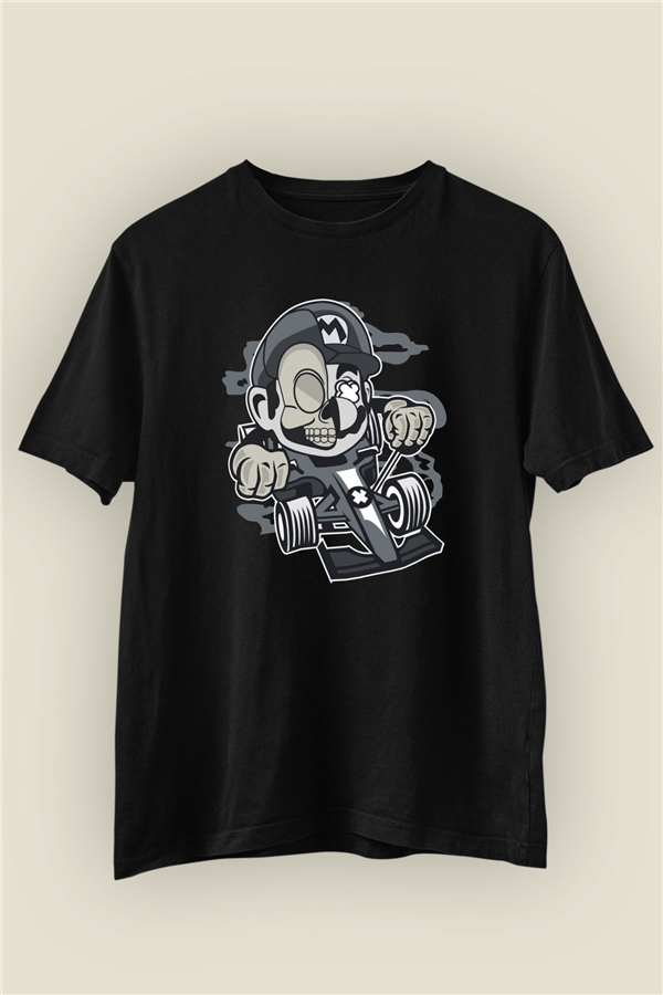 Mario Skull Karting Racer İsimli Baskılı Siyah Tshirt