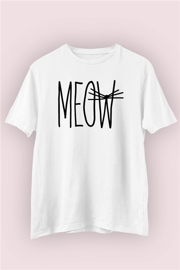 Meow Temalı Baskılı Beyaz Tişört