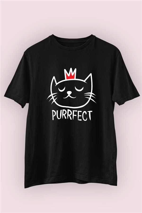 Purrfect Kedi Temalı Baskılı Siyah Tshirt