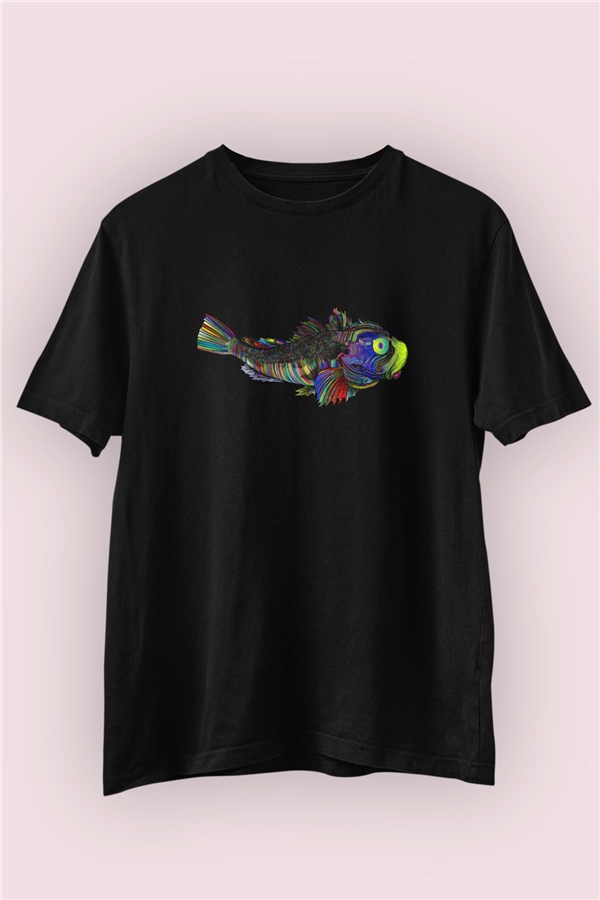 Renkli İskorpit Balığı Temalı Siyah Tişört
