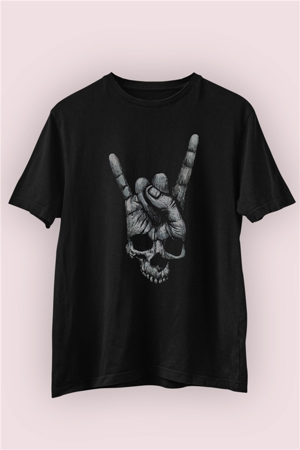 Rock & Roll El İşaretli Kuru Kafa Tişört 