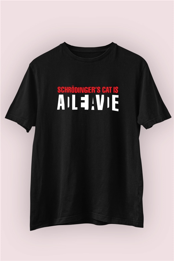 Schrödinger'in Kedisi Baskılı Siyah Tişört