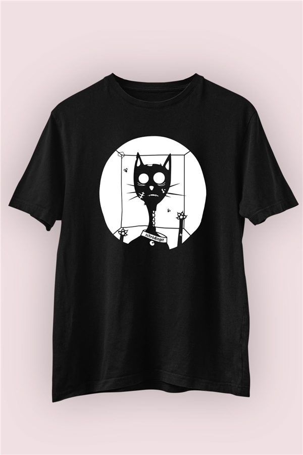 Schrödinger'in Kedisi Baskılı Siyah Tshirt
