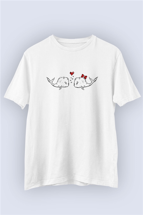 Sevgililer Günü Balıkların Aşkı ve Kalp Temalı Baskılı Tişört