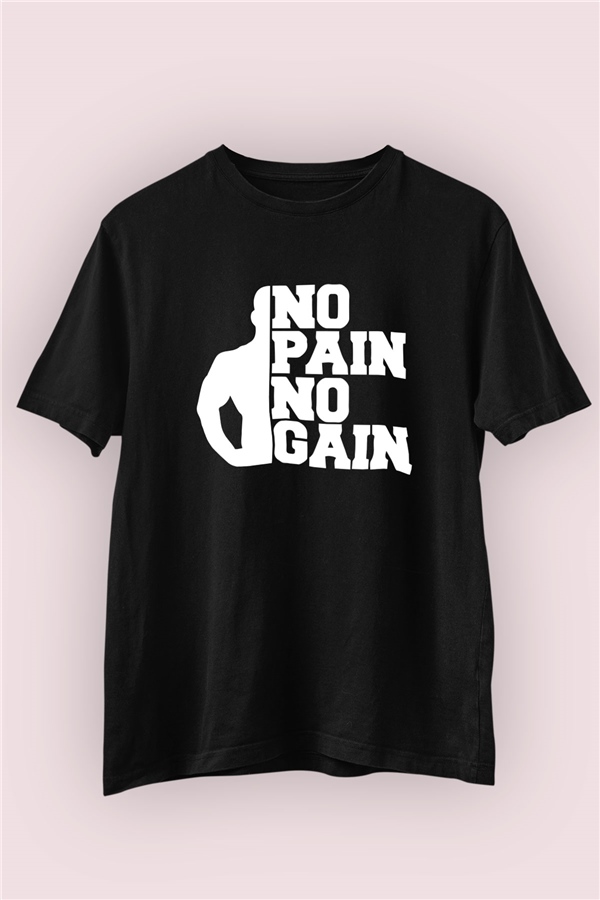 Spor Temalı No Pain No Gain Temalı Baskılı Siyah Tişört 
