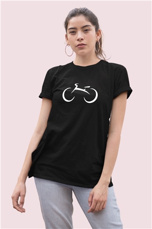 Bisiklet Temalı Baskılı Tasarım Siyah Tişört 