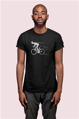 Bisikletçi Temalı Baskılı Siyah Tişört 