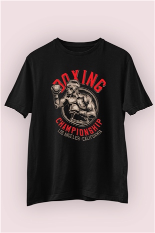 Boks Şampiyonası Temalı Baskılı Siyah Tshirt