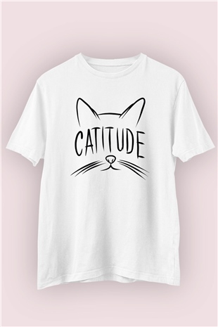 Catitude Temalı Baskılı Beyaz Tişört
