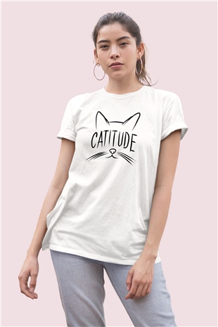Catitude Temalı Baskılı Beyaz Tişört