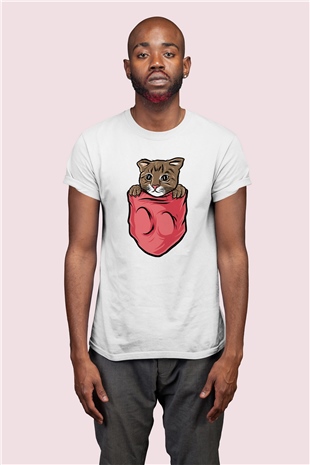 Cep İçinden Çıkan Kedi Temalı Baskılı Tshirt