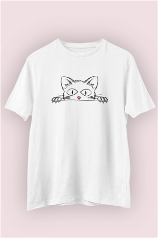 Dikizci Kedi Temalı Baskılı Beyaz Tshirt