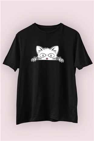 Dikizci Kedi Temalı Baskılı Siyah Tshirt