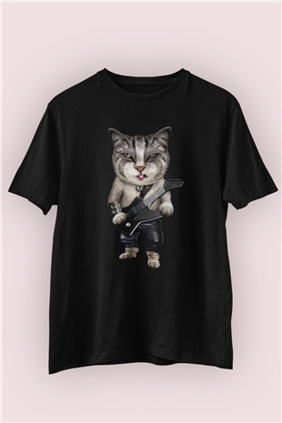 Gitarist Rocker Kedi Baskı Tişört 