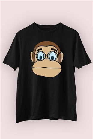 Gözlüklü Maymun Temalı Siyah Tişört