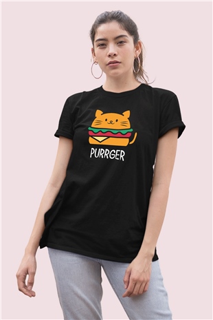 Hamburger Kedi Temalı Baskılı Siyah Tshirt
