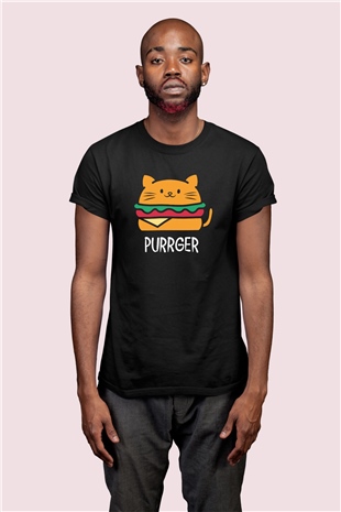 Hamburger Kedi Temalı Baskılı Siyah Tshirt